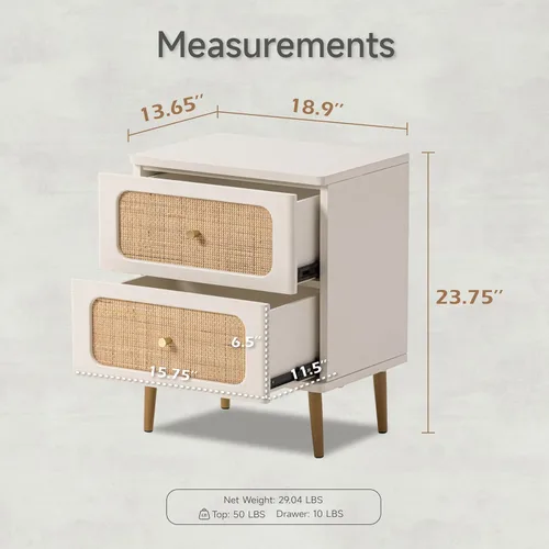 Vista 28 de LONYKE Cómoda de mimbre de ratán, cómoda de 3 cajones, gabinete de almacenamiento de madera con acabado blanco crema, mesa decorativa moderna