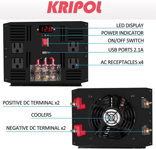 Vista 2 de Inversor de onda sinusoidal pura de 3000 W, 12 V CC a 110 V/120 V CA, inversor de corriente para automóvil con 4 salidas de CA y salida USB