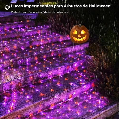 Vista 4 de BlcTec Luces de Halloween para exteriores, 200 luces LED de 8.4 pies x 5.2 pies, color naranja y morado con 8 modos, temporizador, certificado UL