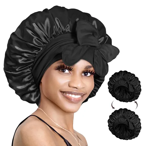 BONNET QUEEN Gorro reversible de satén de seda para dormir, doble capa, ajustable, trenzas rizadas, peluca de cabello natural, banda para gorro de