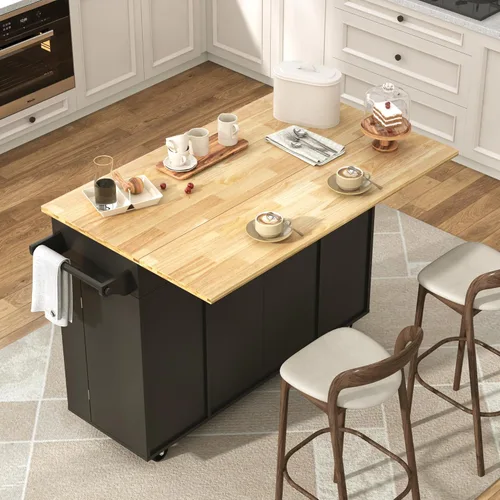 Vista 3 de Isla de cocina rodante de 55" de ancho con hoja abatible – Carritos de cocina móviles sobre ruedas, isla con gabinete de almacenamiento, mesa isla