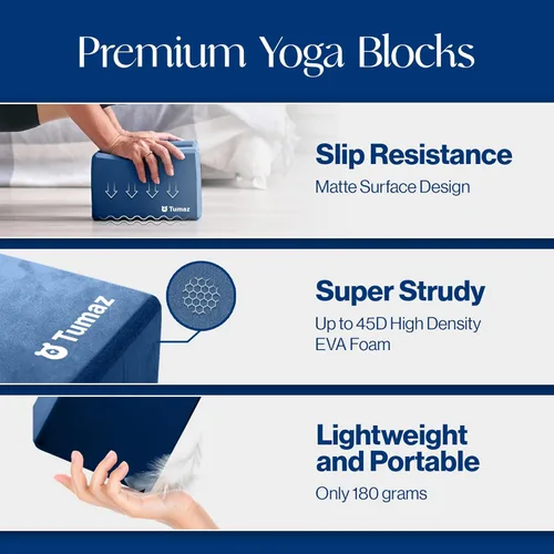 Vista 3 de Tumaz Non-Slip Yoga Blocks 2-Pack - High Density/Lightweight EVA Foam & Natural Cork for Stability, Premium Set with E-Book Included