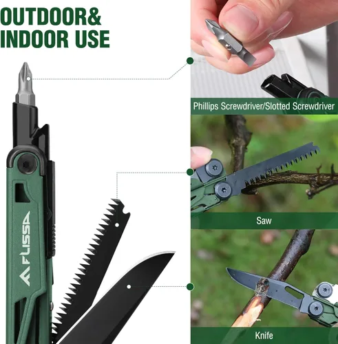 Vista 5 de FLISSA Multiherramienta, cuchillo de bolsillo multiherramienta 15 en 1 con funda, alicates multiherramienta EDC de acero inoxidable para hombres