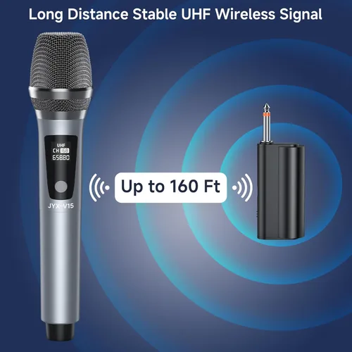Vista 5 de JYX Micrófono inalámbrico, sistema de micrófono dinámico de mano profesional UHF de metal con receptor recargable de 1/4 pulgadas (0.250 in) enchufe