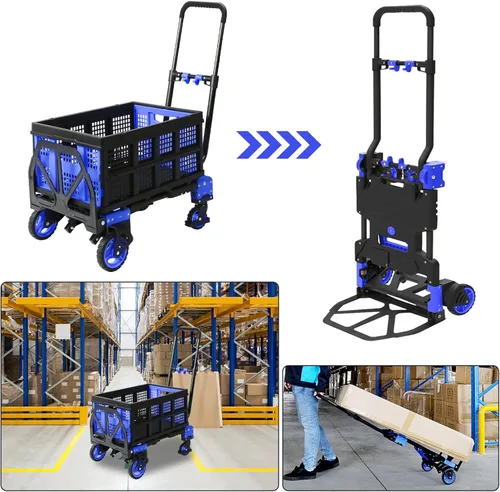 Vista 2 de Carro de mano plegable 2 en 1 con cesta plegable, carretilla de mano resistente, capacidad de 330 libras con mango telescópico y ruedas de goma