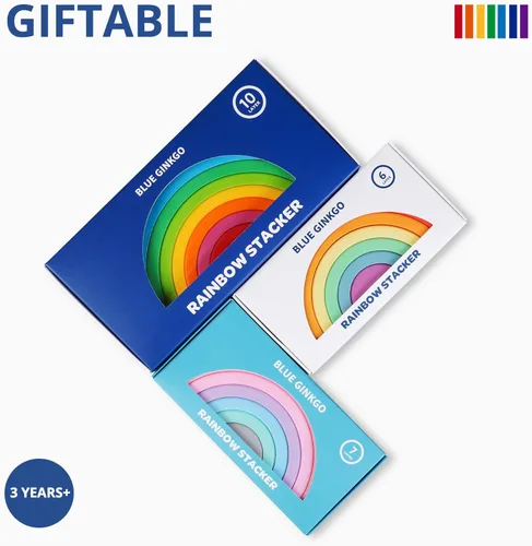 Vista 6 de BLUE GINKGO - Rompecabezas de silicona de arcoíris apilables - Rompecabezas de anidación arcoíris Montessori Juguete de apilar para niños y niños