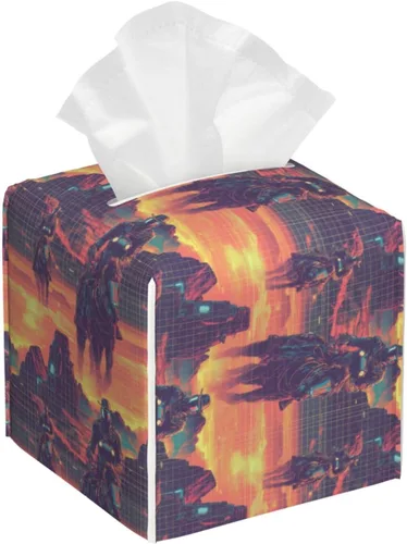 Leather Tissue Box Cover Square - Cyber ​​Retro Western Cowboy Print Tissue Box Holder Paper Case, Organizer Dispenser for Modern Home &