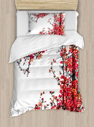 Vista 3 de Ambesonne Hawaii - Juego de funda de edredón de verano, palmeras y hojas exóticas de helecho, fondo colorido abstracto, juego de ropa de cama