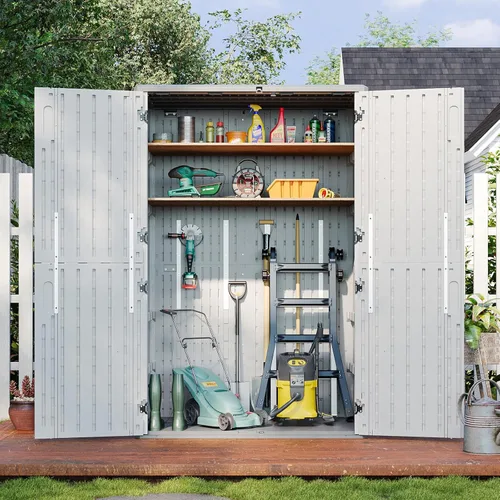 Vista 4 de Aoxun Cobertizo de almacenamiento para exteriores, 64 pies cúbicos, cobertizos verticales de almacenamiento al aire libre con piso, gabinete