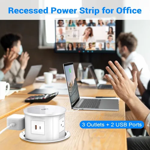 Vista 5 de XBA Toma de corriente desplegable con cargador inalámbrico de 15 W, 4 enchufes de CA, 1 USB-A y 1 USB-C, ojales de alimentación de escritorio Blanco