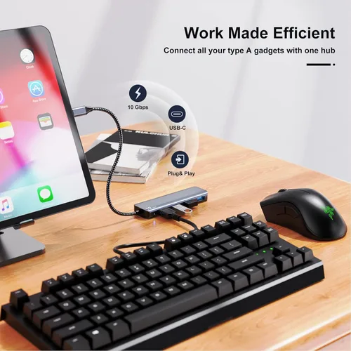 Vista 4 de Hub USB 3.1, SUODAO 10Gbps USB C a USB Hub, 4 puertos USB 3.1/3.2 Gen 2 Hub, aluminio SuperSpeed Tipo C a 4 puertos USB 3.2 de 10 Gbps para laptop