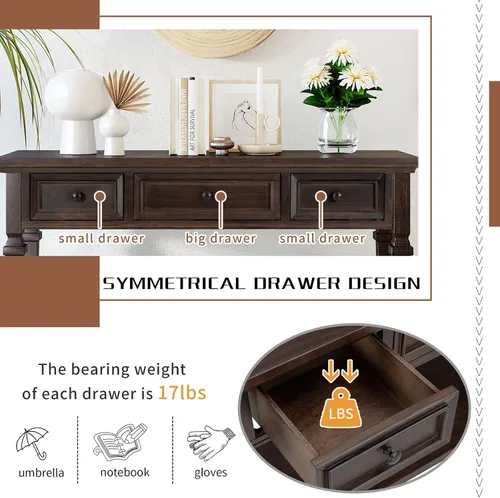 Vista 7 de Mesa consola retro con 3 cajones, armario decorativo de 50 pulgadas, mesa de sofá larga estrecha para entrada, sala de estar, comedor, pasillo