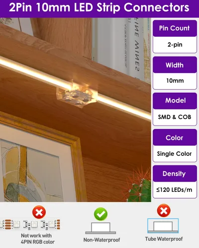 Vista 2 de HitLights - Paquete de 26 conectores LED de 2 pines de 10 mm, conectores de cinta LED sin soldadura transparentes para tira de luz LED