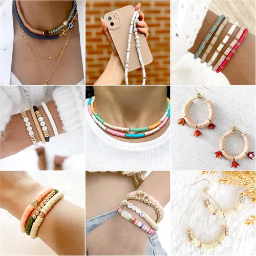 Vista 2 de FASHEWELRY 10 hebras planas redondas de arcilla polimérica de 0.236 pulgadas (0.236 in) hechas a mano, cuentas espaciadoras de disco, cuentas