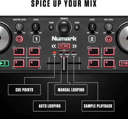 Vista 4 de Numark DJ2GO2 Touch - Controlador USB compacto de 2 platos para Serato DJ con mezclador/crossfader, interfaz de audio y rueda de selección