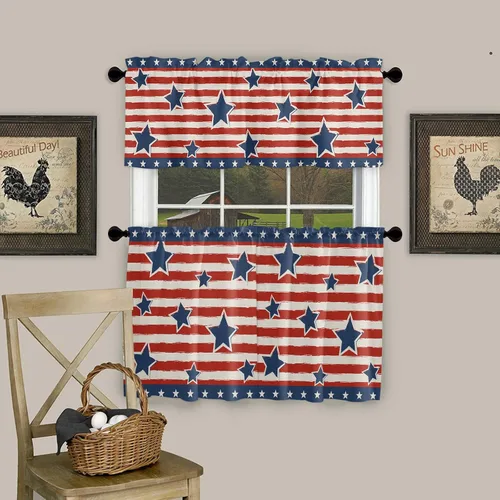 Vista 107 de Cenefa de cocina para ventanas, Día de la Independencia, pentagrama, textura de arpillera a cuadros, semitransparente, con bolsillo para barra