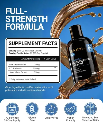 Vista 2 de BAXYL GI Liquid, 6 onzas líquidas, suplemento de digestión patentado con hialuronano MHB3, Amaferm y extracto de melena de león para ERGE, SII