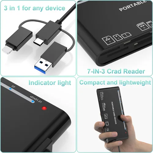 Vista 4 de Lector de tarjetas USB 3.0 para SD/Micro SD/TF/XD/CF/MS - Lector de tarjetas de memoria 7 en 1 para Windows, Mac, Linux (USB-A + USB-C + IP)