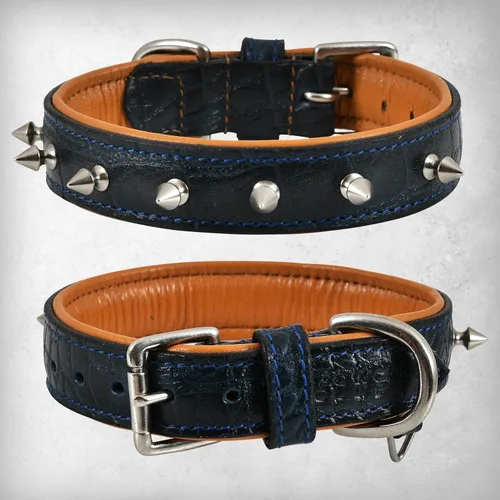 Vista 17 de Collar de perro de cuero con pinchos, cuero bridle de grano completo de 2 pulgadas de ancho, resistente, acolchado y ajustable, para razas grandes