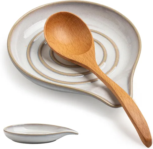 Vista 18 de Reposa Cucharas, Soporte de Cuchara de Cerámica con Bandeja de Goteo Profunda para Utensilios de Estufa, Soporte para Encimera, con Mango para Fácil