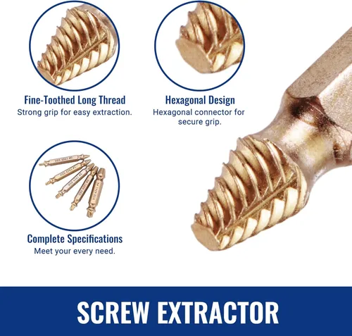 Vista 8 de WORKPRO Juego de 6 piezas de extractor de tornillos dañados, kit de extractor de pernos rotos con revestimiento de titanio, herramientas de remoción