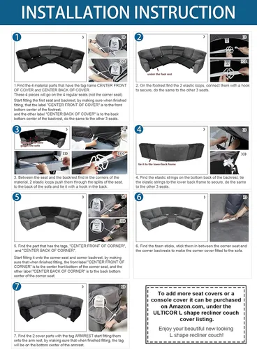 Vista 2 de ele ELEOPTION Funda reclinable modular de 5 plazas, 7 piezas, fundas para sofá reclinable en forma de L, protector de muebles, grueso, suave, Gris