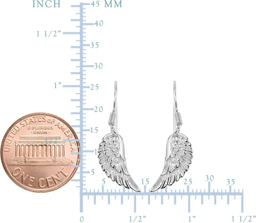 Vista 2 de Pendientes colgantes de plata de ley con alas de ángel, Plata de ley, No es una piedra preciosa