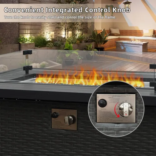 Vista 2 de Domi - Mesa de mimbre para fogata de gas propano de 43 pulgadas, 50,000 BTU con certificación CSA con mesa de aluminio similar a la madera