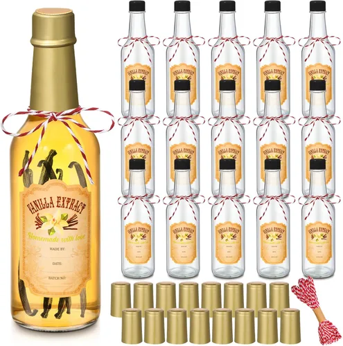 Vista 16 de Tioncy 16 piezas de botellas vacías de extracto de vainilla para jarra de vainilla casera, botella de vidrio con tapa, banda retráctil, etiqueta