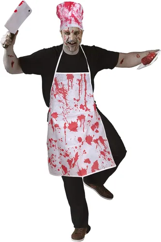 Vista 2 de Disfraz de carnicero sangriento de Halloween, juego de miedo, sombrero de delantal de chef de cocina, cuchillo de arma, calcomanías de tatuaje