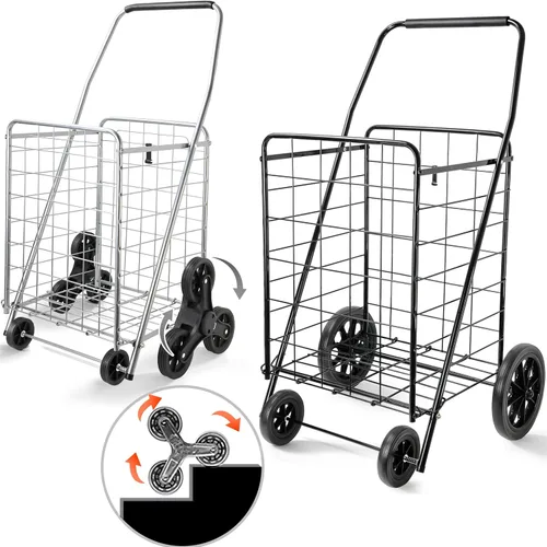 Vista 10 de Wellmax Carrito de comestibles plegable con ruedas, carrito utilitario de metal resistente con parte inferior de malla, cesta trasera adicional