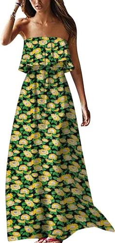 ZMPSIISA - Vestido largo de verano con hombros descubiertos para mujer vestido largo sin tirantes con volantes color azul y blanco estilo bohemio