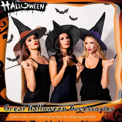 Vista 3 de Sombrero de bruja para disfraz de Halloween con encaje y diamantes de imitación, accesorio de disfraz de bruja para Halloween, fiesta de Navidad