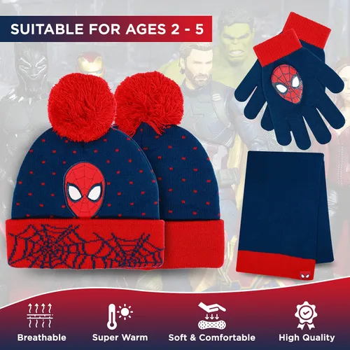Vista 5 de Marvel Spider-Man - Gorro de invierno para niños, guantes de nieve y bufanda para niños y niños pequeños, juego de 3 piezas, gorro cálido