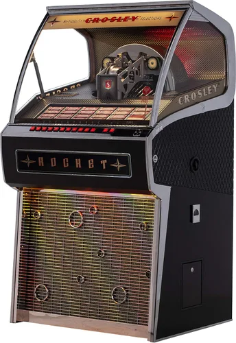 Vista 5 de Crosley CR1210A-OA Rocket - Jukebox de vinilo de tamaño completo con Bluetooth, capacidad para 70 discos de vinilo de 45 RPM, color roble