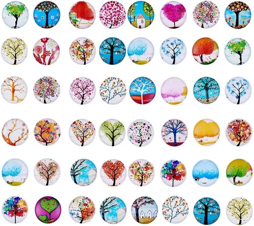 Vista 11 de Craftdady 200 unidades de cabujones de cristal con estampado de flores azules y blancas de 0.394 in con parte trasera plana media redonda