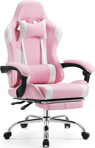 Vista 11 de Sweetcrispy Silla de escritorio para videojuegos, ergonómica para computadora con reposapiés y cómodo soporte lumbar, reclinable de piel sintética