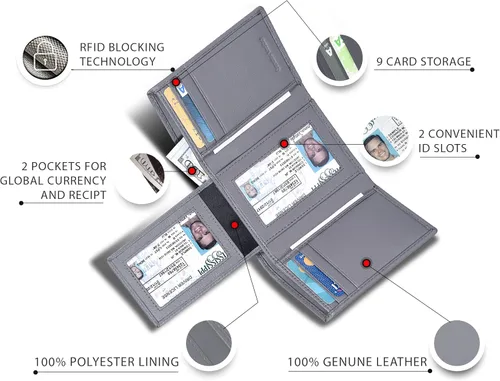 Vista 2 de Billetera triple de cuero real para hombre, billetera RFID delgada, 9 tarjetas de crédito, 2 compartimentos de identificación, regalo para hombres