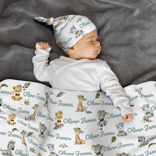 Vista 2 de Manta de Arrullo Personalizada para Bebé para Niños y Niñas - Manta con Nombre Personalizado con Animales