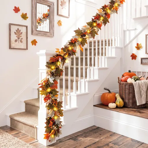 Vista 7 de Luxspire Guirnalda de otoño de 6 pies con luces y temporizador para Naranja-amarillo + gris claro