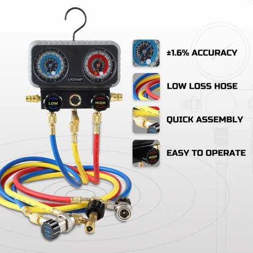 Vista 3 de Lichamp Medidores de aire acondicionado, juego de manómetros manuales para R134a R22 R12 R502, profesional #A302