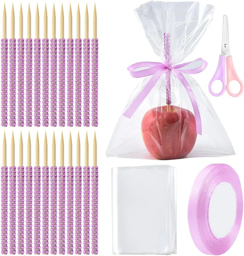 Vista 13 de Kits de palitos de manzana con 24 palitos de bambú de manzana de 6 pulgadas con diamantes de imitación de caramelo, 24 bolsas un par de tijeras un