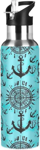 Nautical Anchors Teal Black Stainless Steel Water Bottle 20 Oz Leakproof Water Bottles, BPA-Free Sport Water Bottle Insulated