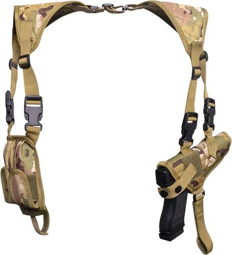 Vista 8 de Funda de hombro para pistolas, funda vertical ajustable para pistola con doble bolsa de cargador, funda de transporte oculta universal que se adapta