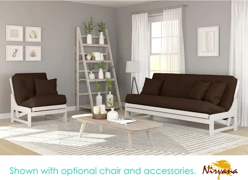 Vista 5 de Juego de futón Nirvana Futons Arden blanco, completo o queen, marco de futón de madera sin brazos con colchón incluido, cómodo, ahorro de espacio