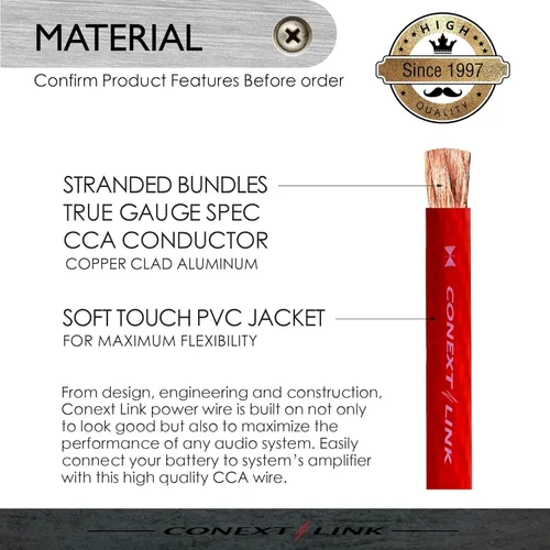 Vista 2 de Conext Link Cable de alimentación de batería de amplificador de coche de 5 pies 4 GA calibre AWG Cable de tierra CCA rojo escarcha