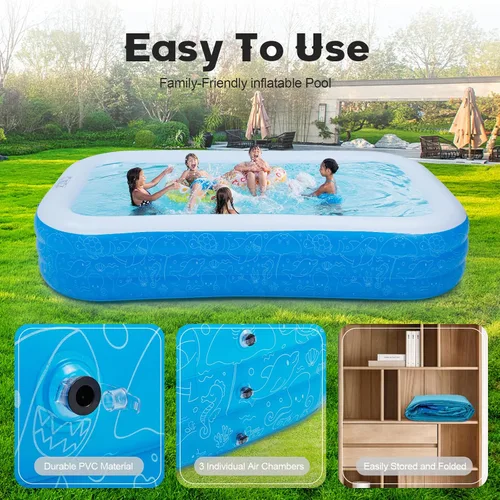 Vista 4 de Piscina inflable para niños, piscina familiar rectangular de 120 x 72 x 22 pulgadas, material de PVC duradero, piscina inflable para niños