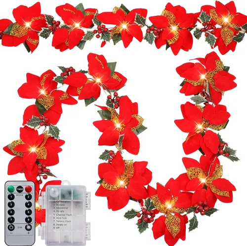 Vista 7 de Zubebe 2 Piezas Guirnalda de Flor de Pascua Preiluminada de Navidad con Luces de Cadena Hojas de Acebo con Purpurina Bayas Control Remoto