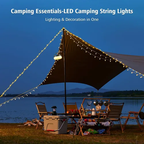 Vista 5 de Guirnalda de 130 luces LED solares, campamento, 33 pies, 13 iluminaciones, linterna portátil, impermeable, 4 en 1, diseño parpadeante, Navidad