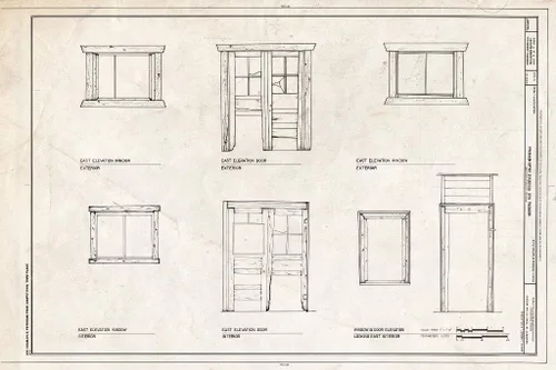 Historic Pictoric : Detalles de la ventana y la puerta del plano - Casa Herrera Ruiz, el cruce de Garza en el río Medina, Somerset, Condado de